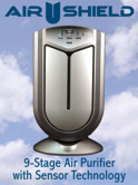 Air Shield Air Purifier with Dual Sensor Technology and 9-stage Air Fitration.   Filters pollen, smoke, air pollutants, odors, bacteria, germs, mold, pet dander & more�